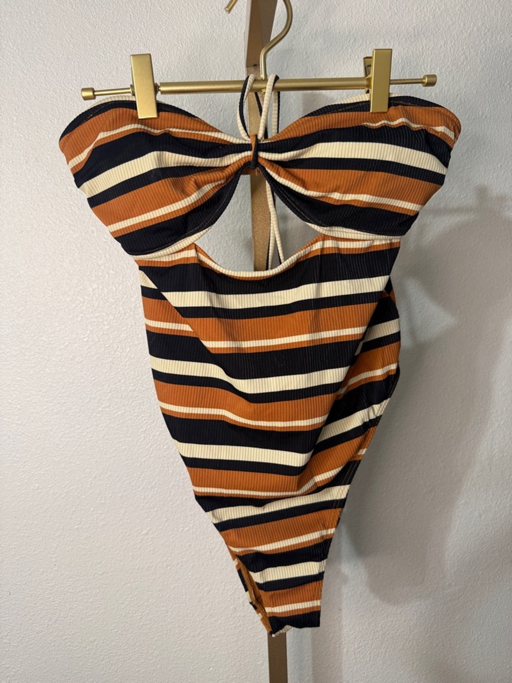 Striped Cutout One-Piece Swimsuit in Black, Rust & Cream- high leg- Large